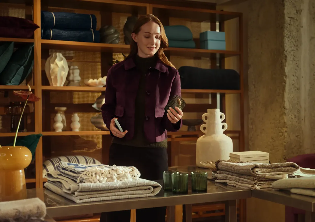 A woman in a purple jacket stands in a home decor shop, holding a smartphone in one hand and inspecting a green drinking glass in the other.