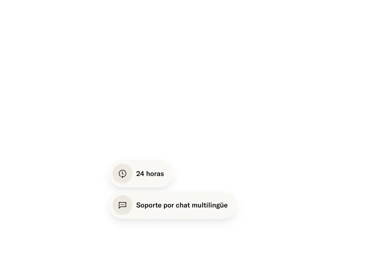 Dos insignias emergentes de la interfaz muestran un icono de reloj con "24 hours" y un icono de bocadillo de diálogo con "Multilingual chat support" sobre un fondo blanco.