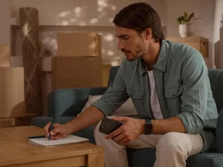 A man sitting on a couch holds a smartphone while writing notes in a notepad on a coffee table, surrounded by cardboard moving boxes.