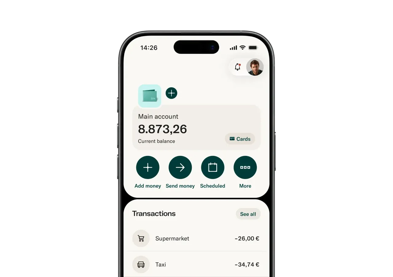 A smartphone screen displays a mobile banking application interface showing a main account balance and recent transactions.