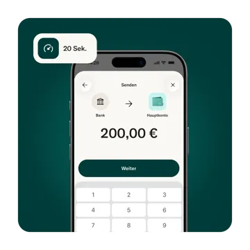 Der Bildschirminhalt eines Smartphones zeigt eine Geldtransfer-Benutzeroberfläche für das Senden von 200,00 € von einer Bank auf ein Hauptkonto mit einem Hinweis auf 20 Sek.