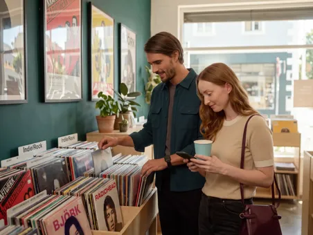 A young man browses vinyl records while a woman standing next to him looks at her smartphone in a record store.