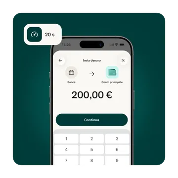Lo schermo di uno smartphone mostra un'interfaccia di trasferimento di denaro con un importo di 200,00 € inviato da una banca a un conto principale, insieme a un badge che indica 20 sec.