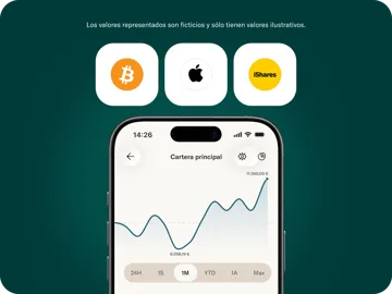 La pantalla de un teléfono inteligente muestra un gráfico de rendimiento del portafolio de inversión debajo de iconos flotantes de Bitcoin, Apple e iShares.
