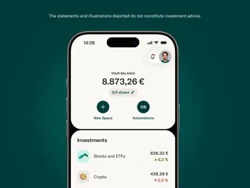 A smartphone screen displays a financial application interface showing a total balance of 8,873.26 € alongside investment details for Stocks and ETFs and Crypto.