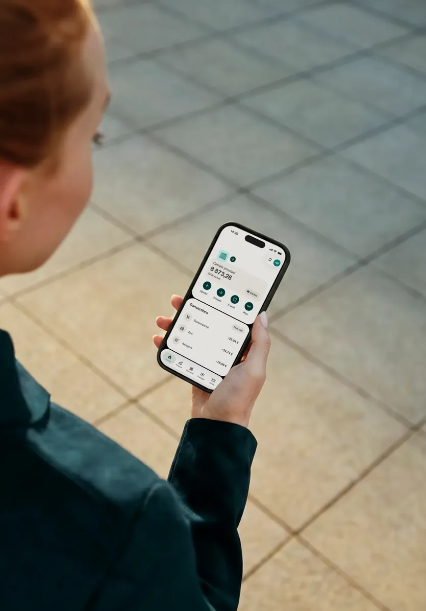 Eine Frau hält im Freien ein Smartphone in der Hand, auf dem die Benutzeroberfläche einer Mobile-Banking-App mit Kontostand und letzten Transaktionen zu sehen ist.