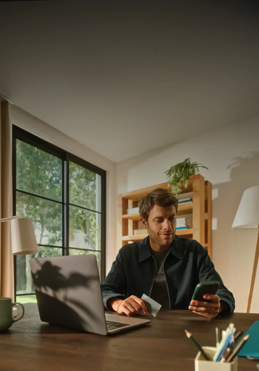 Ein Mann sitzt an einem Holztisch mit einem geöffneten Laptop, hält eine Kreditkarte in der einen Hand und blickt auf sein Smartphone in der anderen.