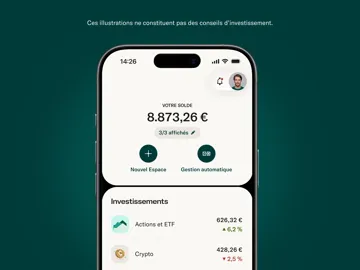 L'écran d'un smartphone affiche l'interface d'une application financière présentant un solde total de 8 873,26 € ainsi que les détails des investissements pour les actions, ETF et cryptomonnaies.