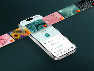 A smartphone displaying the N26 banking app floating on a dark green background with a row of colorful, patterned digital debit card skins passing diagonally behind and across the screen.