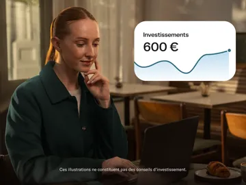Une femme est assise à un bureau devant un ordinateur portable ouvert à côté d'un graphique flottant affichant des investissements de 600 € avec une courbe à la hausse.