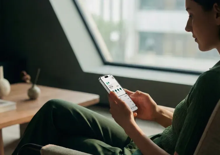 Une femme est assise dans un fauteuil près d'une fenêtre et regarde un smartphone affichant une application financière.