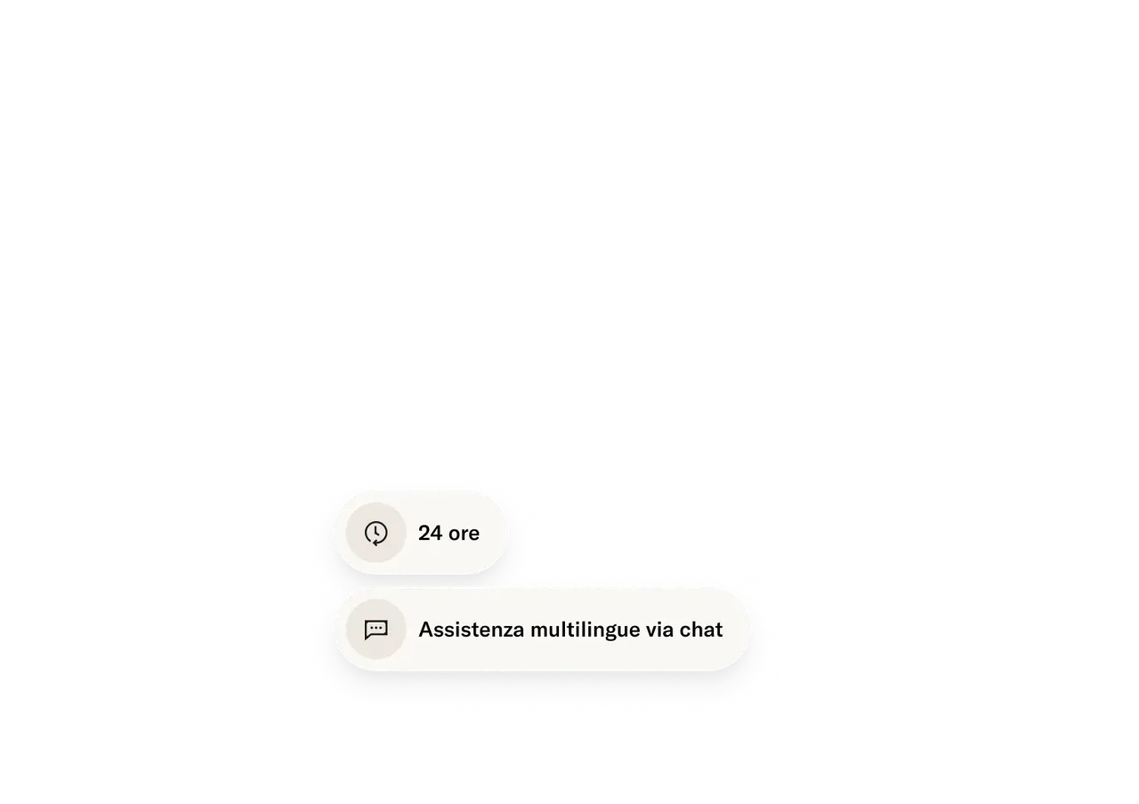 Due badge pop-up dell'interfaccia mostrano un'icona a forma di orologio con "24 hours" e un'icona a forma di fumetto con "Multilingual chat support" su sfondo bianco.