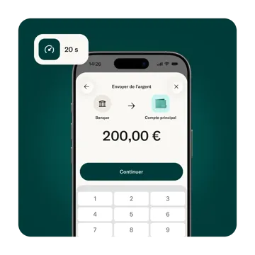 L'écran d'un smartphone affiche une interface de transfert d'argent indiquant un montant de 200,00 € envoyé d'une banque vers un compte principal, avec un badge indiquant 20 sec.