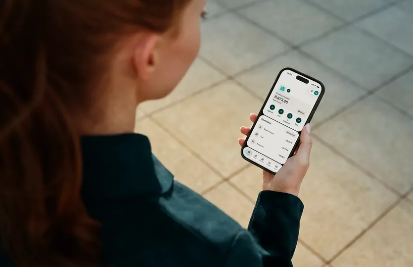 Una donna all'aperto tiene in mano uno smartphone che mostra l'interfaccia di un'applicazione di banking mobile con saldo del conto e transazioni recenti.