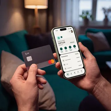 Una persona sostiene con una mano una tarjeta Mastercard N26 semitransparente y con la otra un teléfono inteligente que muestra la aplicación bancaria N26.