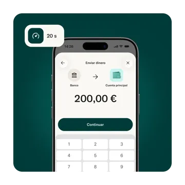 La pantalla de un teléfono inteligente muestra una interfaz de transferencia de dinero que indica un monto de 200,00 € enviado desde un banco a una cuenta principal, junto con una etiqueta de 20 seg.